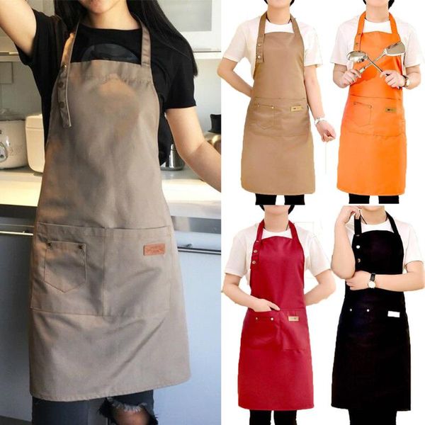 

solid color bib apron waterproof stain-resistant with two pockets kitchen chef baking cooking bbq adjustable apron kitchen tools