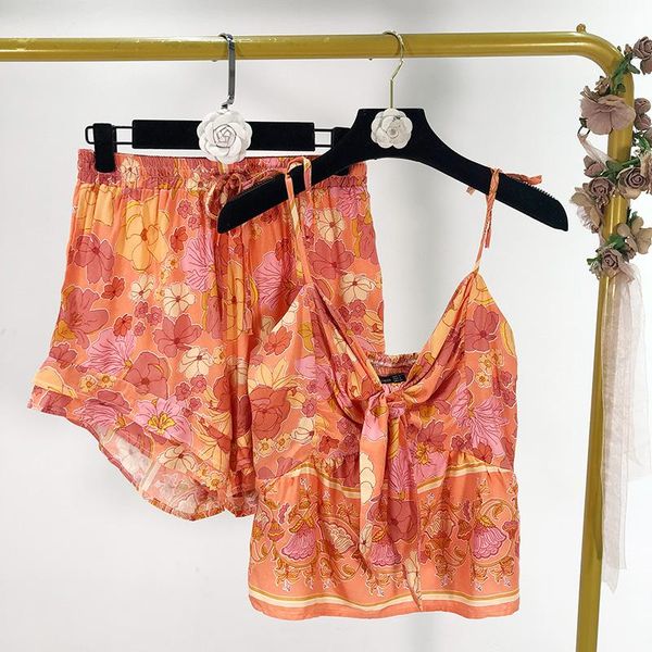 

women's tracksuits 2021 fashion chest knot decoration camisole + drawstring elastic waist shorts printed vacation style two-piece suit, Gray