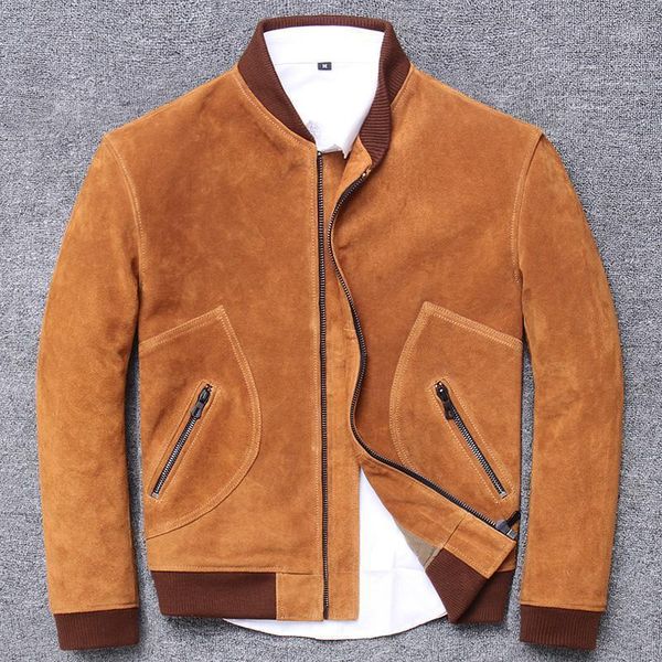 

men's leather & faux 2021 men autumn winter vintage bomber real jackets slim genuine cow coats male short outwear w637, Black