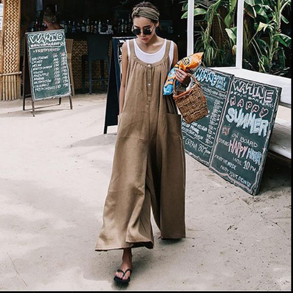 

new 2021 cotton linen korean casual large size loose sleeveless long jumpsuits summer women clothes joker playsuits, Black;white