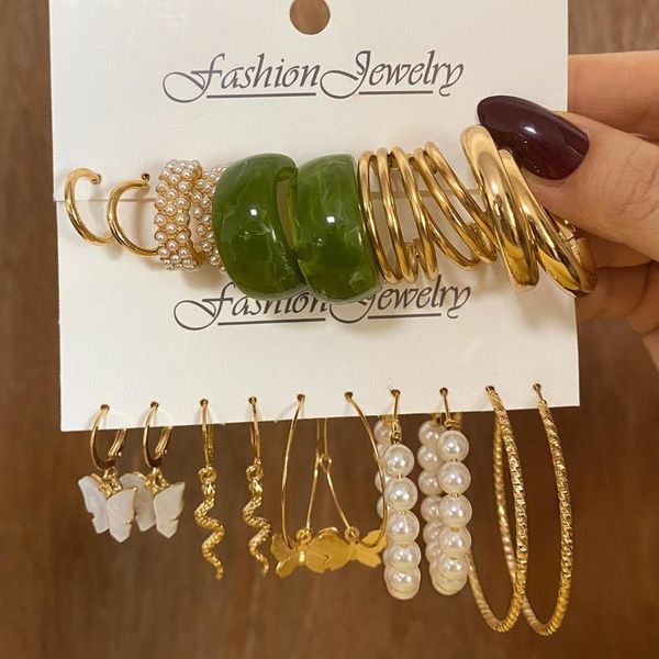 

hoop & huggie earrings set 5 pairs of creative simple acrylic gold multi alloy metal leopard pearl korean earring women, Golden;silver