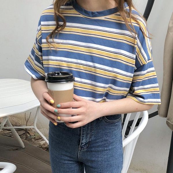 

women's t-shirt korean striped short sleeve blue, White