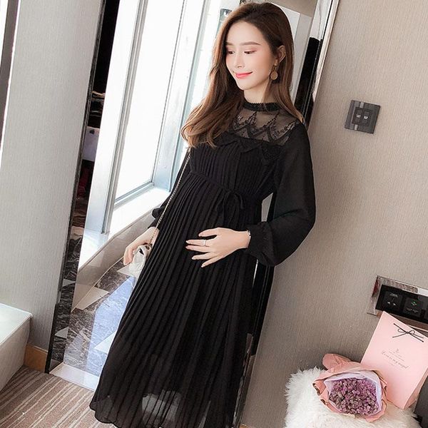 

maternity dresses chiffon clothes for pregnant women long sleeve lace pleated pregnancy clothing vestidos, White