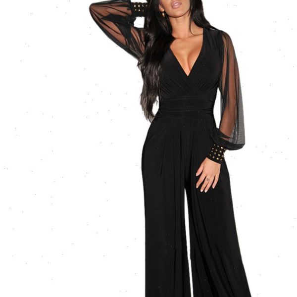 

women v neck black jumpsuit see through mesh patchwork rompers elegant ladies office overalls clothes wide leg pants d30, Black;white