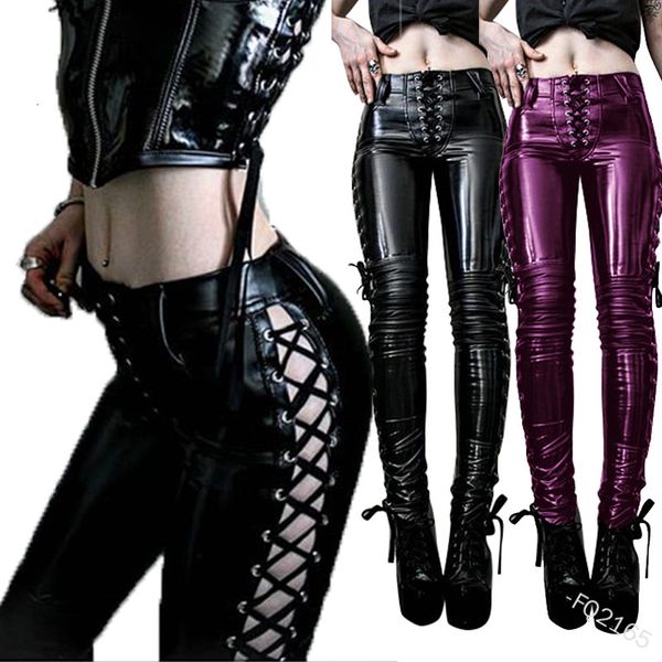 

2021 women's solid color eye bandage mirror face small leg leather pants, Black;green