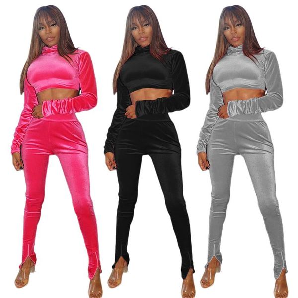 

solid color fashion velvet turtleneck crop elastic waist trousers pants two piece sets outfits tracksuit women clubwear, White