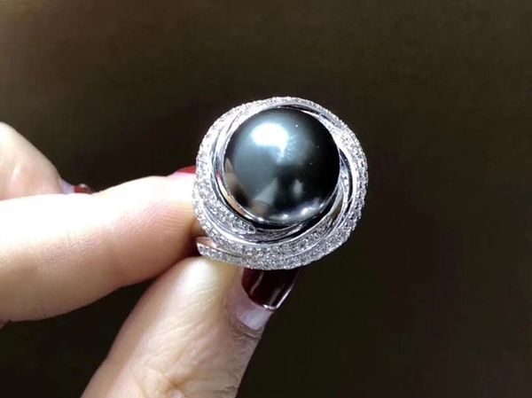 

cluster rings d412 pearl ring fine jewelry 925 sterling silver natural round ocean sea water tahiti black pearls for women, Golden;silver