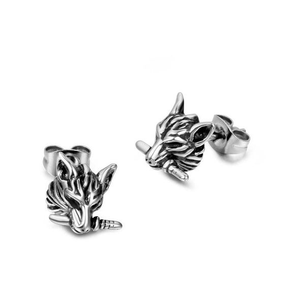 

stud trendy wolf head shape titanium steel studs earrings vintage men punk ear buckles street earring accessories a124, Golden;silver