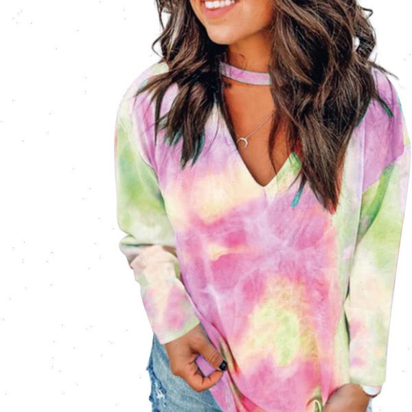 

womens long sleeve tie dye sweatshirt deep v neck hollow design casual loose style pullover soft breathable skin friendly, White