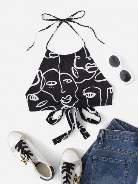 

figure graphic tied backless halter t2bm#, White