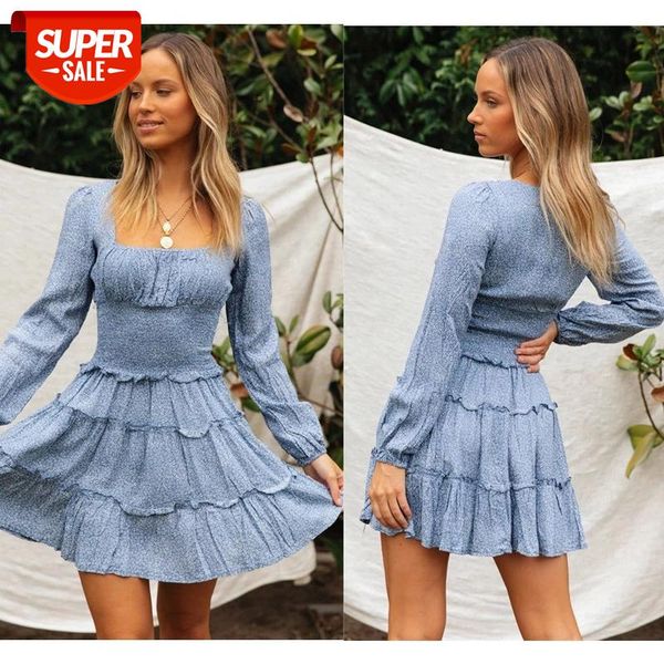 

2020 women autumn new square neck polka dot dress fashion retro waist elastic wrinkle lovely sweet lantern sleeve head plus size #zv64, White;black