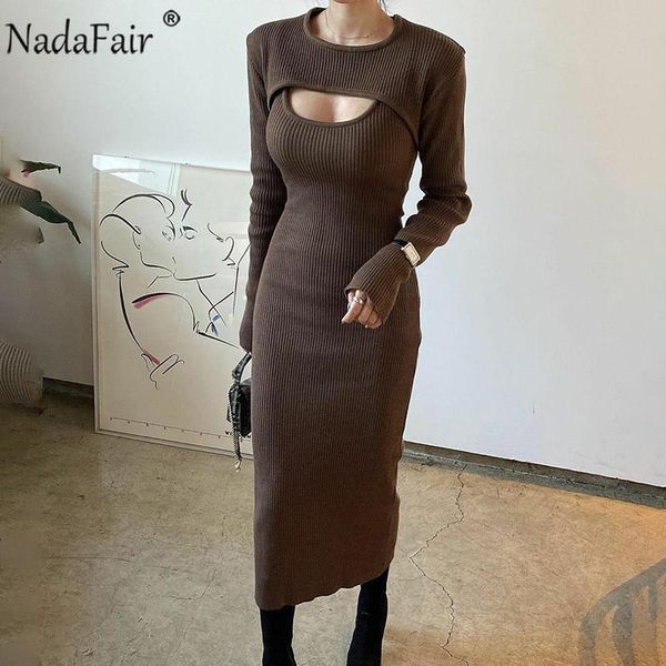 

casual dresses nadafair long sleeve autumn winter knitted dress 2021 rib o neck slim brown bodycon midi derss two piece party vestidos, Black;gray
