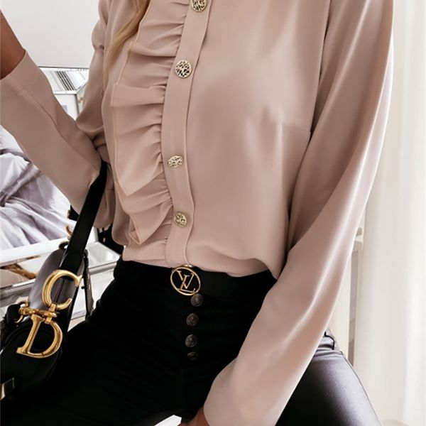 

women's blouse fashion spring summer casual long sleeve o-neck shirt ladies elegant buttons 220303, White