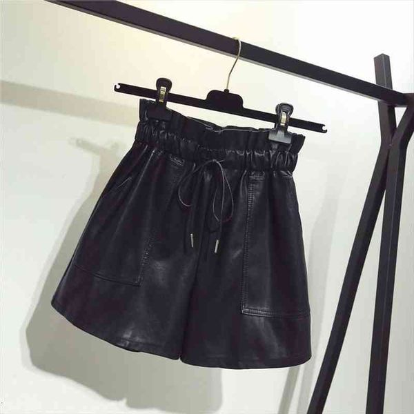 

high waist laced up shorts flower bud wide leg leather shorts autumn winter korean loose high street black women, White;black