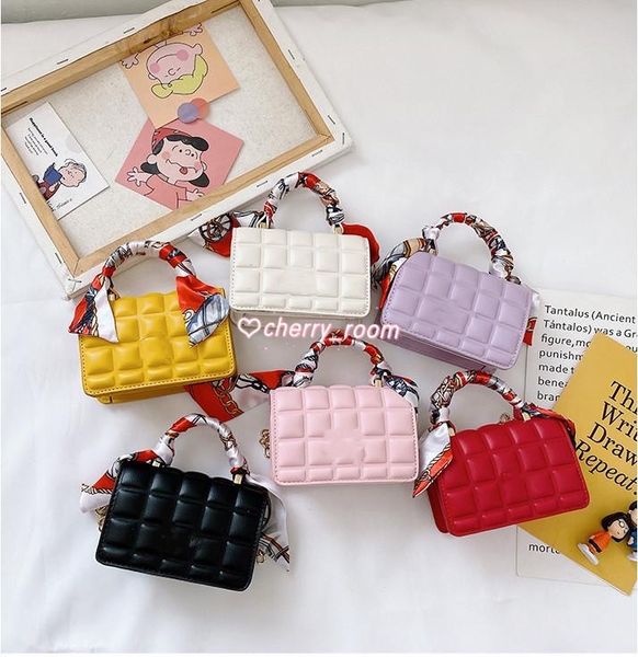 

luxury girls silk scarves handbag lady style kids letter metal chain messenger bag change purs new children checkered one shoulder bags, Black