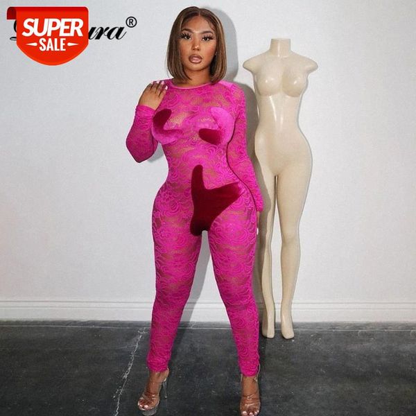

Dulzura Lace Patchwork Women Long Sleeve Jumpsuit Sheer See Through Bodycon Sexy Streetwear Party Club 2021 Spring Summer #Bq73, White