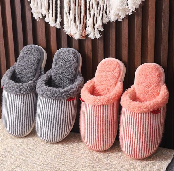 

slippers women cotton shoes winter household platform indoor couple large size slides warm fuzzy simple striped, Black