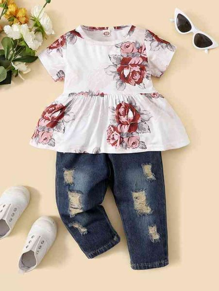 

baby floral print peplum blouse & ripped jeans she, Blue