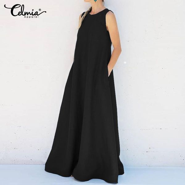 

casual dresses women's summer sundress 2021 celmia sleeveless maxi long dress loose party robe femme solid oversized shirt 5xl, Black;gray