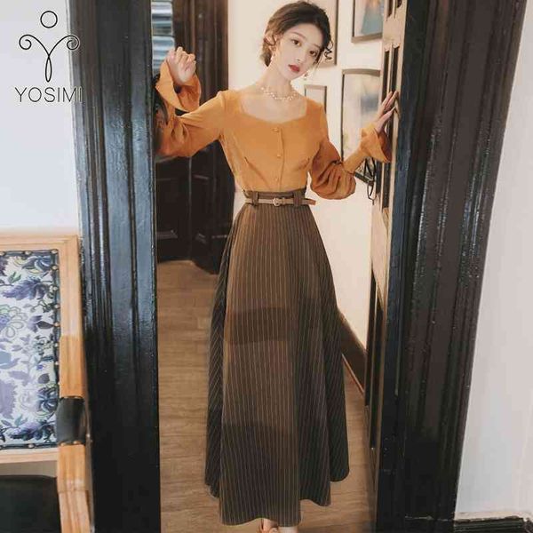 

yosimi shirt skirt set spring long sleeve blouse and striped sashes dresses vintage women two piece outfits 210604, White