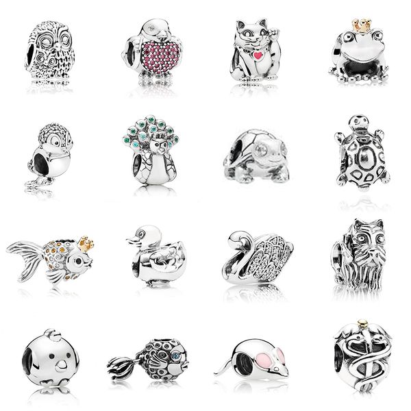 Moda Novo 100% 925 Sterling Silver Owl Fish Frog e outro animal Coleção Charme Ringing DIY Pulseira Jóias Presente Q0531