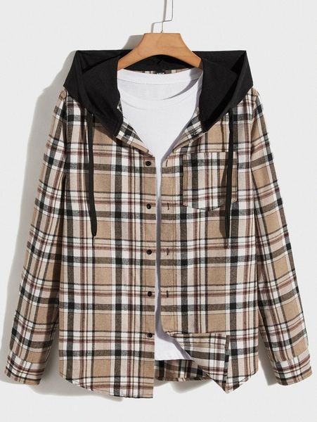 

men plaid print button through hooded shirt v6yu#, White;black