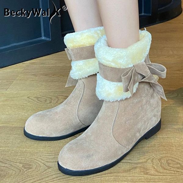 

boots women botas winter two ways to wear fur plush female snow with bowknot inner wedge shoes size 34-43 wsh3736, Black
