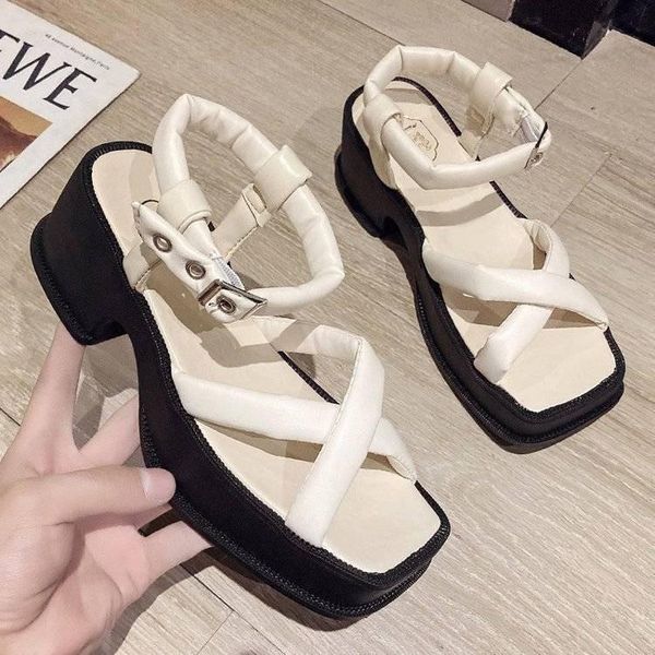 

sandals fashion summer high heels thick bottom hollow women ankle strap buckle platform open toe block heel ladies shoes, Black