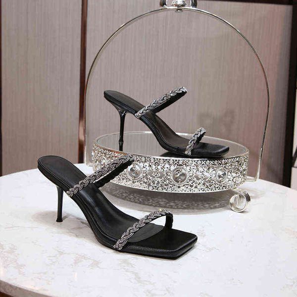 

women's shoes 2022 summer diamond one line high heel sandals for women, Black