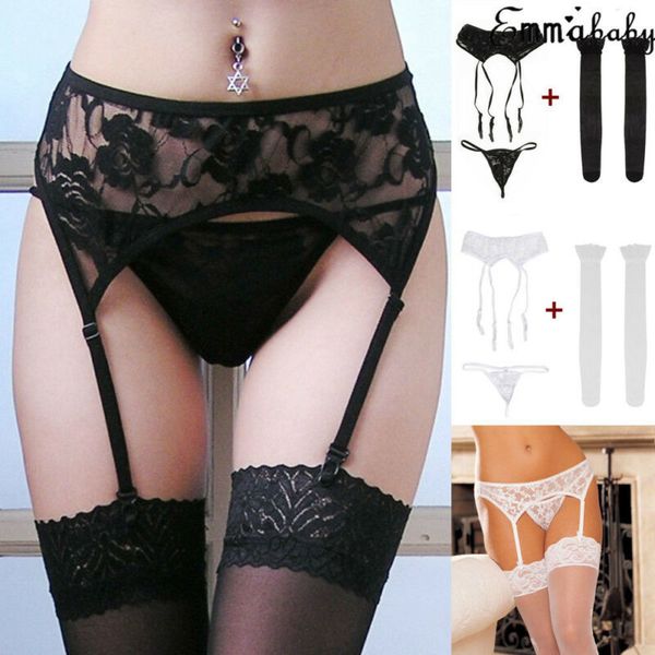 

2019 women lace lingerie g-string garter belt + socks 3pcs sets fashion ladies ee flowers underwear, Black;white