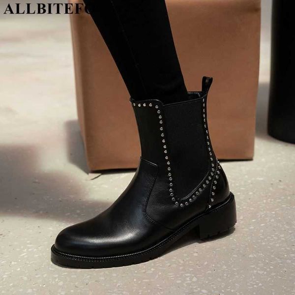 ALLBITEFO punta tonda in vera pelle da donna stivali di marca di moda tacchi alti stivaletti per le donne scarpe da lavoro da ufficio stivali da moto 210611