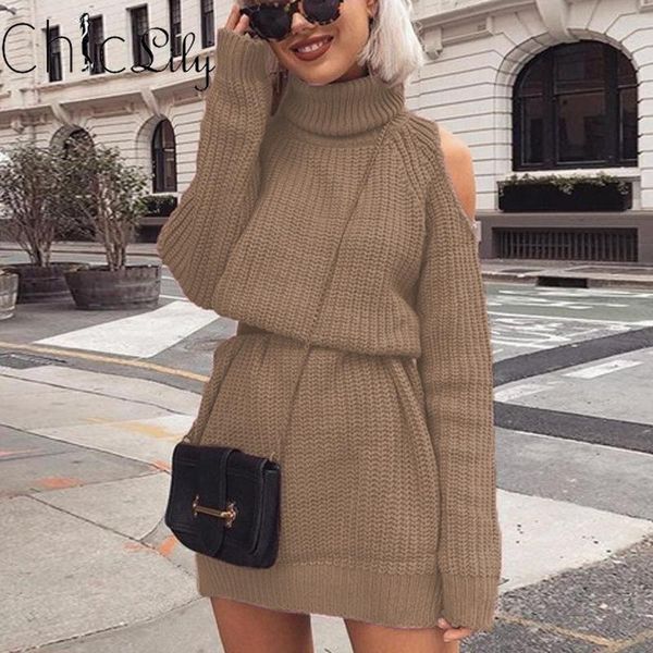 

casual dresses women turtleneck off shoulder knitted sweater dress winter mini, Black;gray