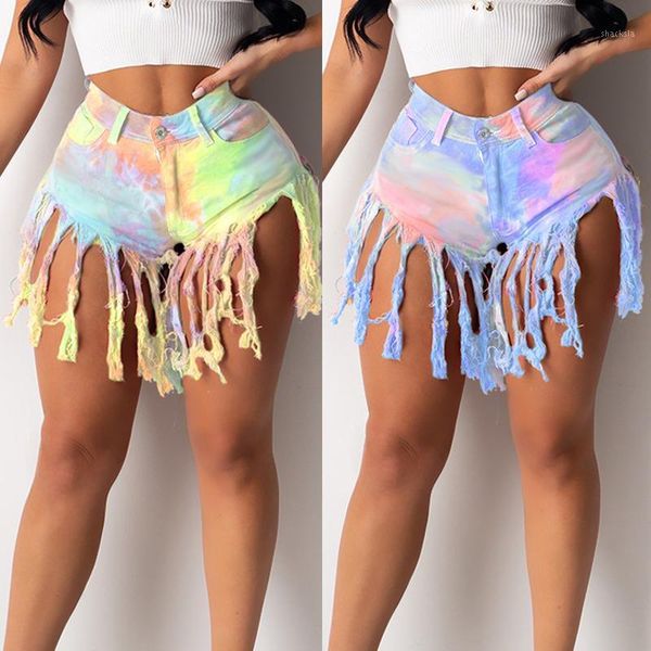 

tie dye print women ripped tassel jeans female casual denim shorts women's, White;black