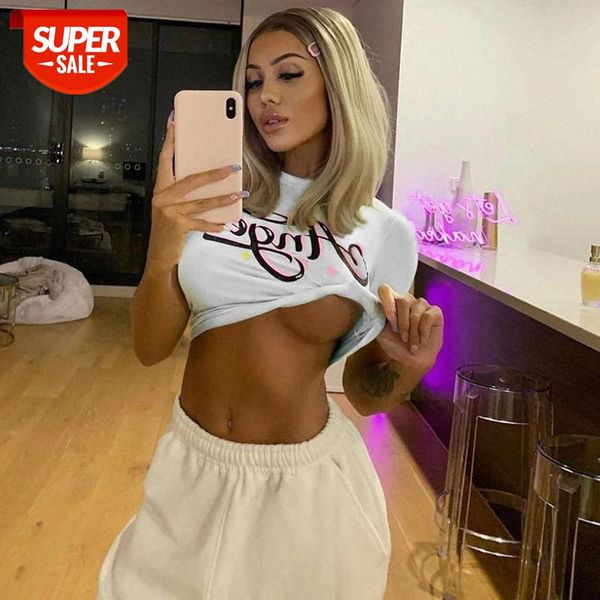 

wannathis front print short sleeve crop women slim elastic o-neck women summer new cropped t-shirt ladies casual #ai4k, White