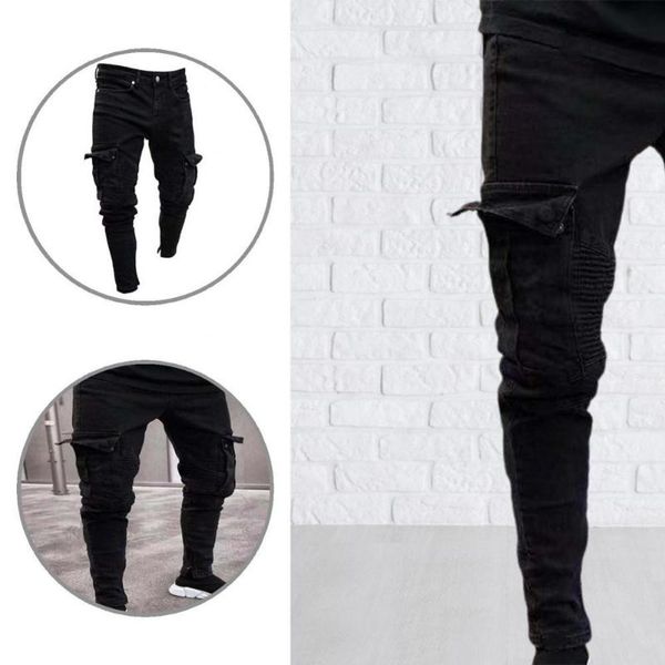 

men's jeans charming men destroyed pockets buttons solid color male trousers, Blue