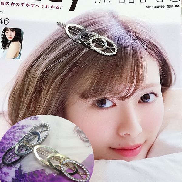 

hairpin oval alloy inlaid diamond hairpin water drill shining hair ornament water drop edge clip, Golden;silver