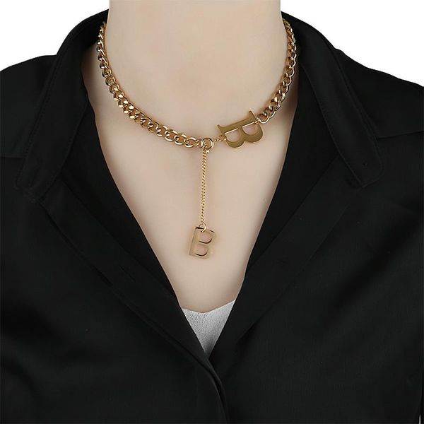 

chains punk necklaces stainless steel b letters thick chain for women choker necklace heart charm jewelry, Silver