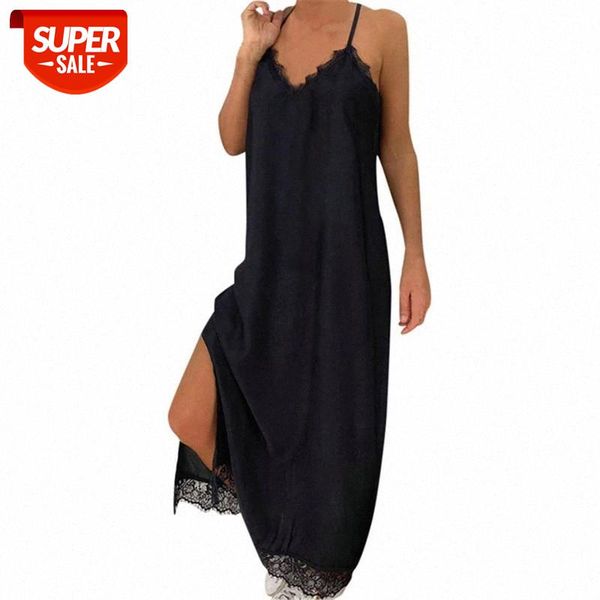 

strap lace mesh patchwork side split loose maxi dress summer women clothes casual red long dresses black sling vestidos #oq1y, White;black