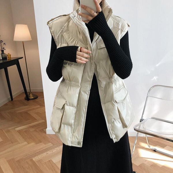 

2021 winter women down coat fashion shiny vest zipper pocket vest coat sleeveless cotton parkas women femme streetwear, Black
