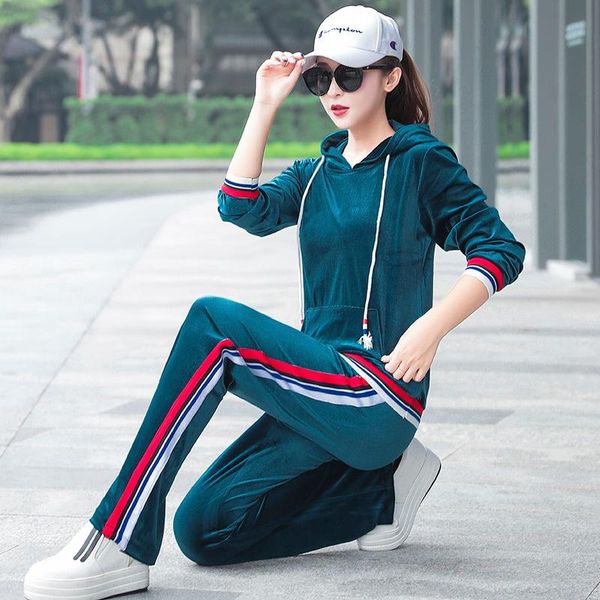 

two piece dress fashion women's large size autumn gold velvet hooded casual sports suit was thin two-piece, White
