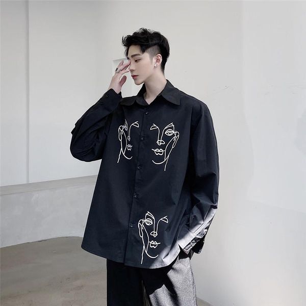 

men's casual shirts male streetwear hip hop loose shirt men character graffiti long sleeve japan harajuku style, White;black