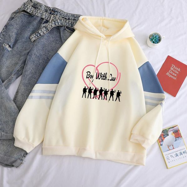 

women hoodies sweatshirt casual korean kpop boy with luv print hooded spell color splicing fleece funny streetwear pullover, Black