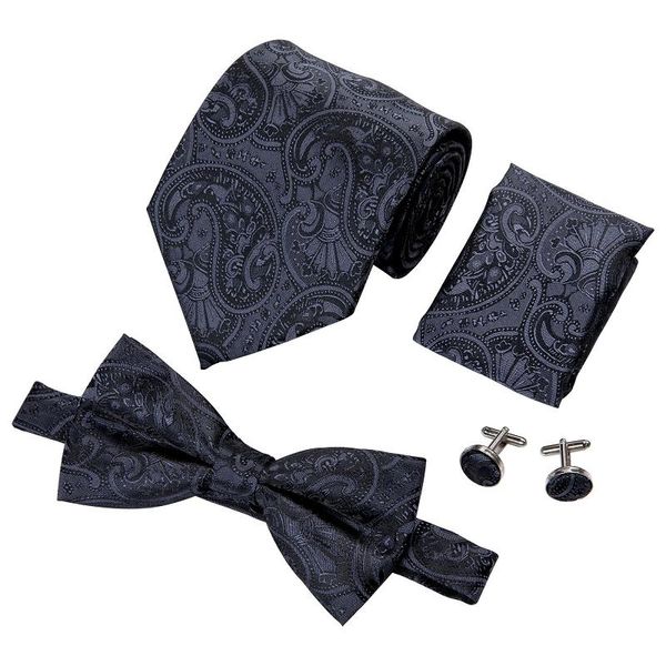 Hi-Tie Cravatta da uomo classica Cravatta nera in seta floreale con fazzoletto Gemelli per abito da sposa da uomo Abito di moda