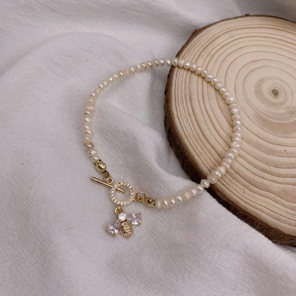 

link, chain 2021 trend original handmade design bangles natural freshwater pearl bee women's bracelet fashionjewelry, Black