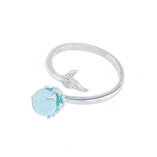

cluster rings s925 sterling silver sea color stone mermaid foam ring woman girl fashion creative fishtail decoration banquet jewelry gift, Golden;silver