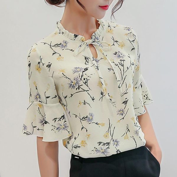 

women's blouses & shirts women korean chiffon blouse fashion ruffled collar floral print elegant lace-up butterfly sleeve female summer, White