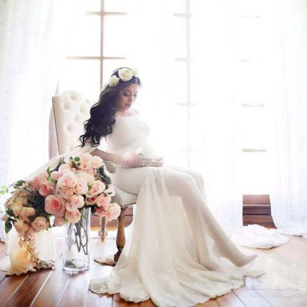 

women fashion pregnants dresses pgraphy props off-shoulder long sleeve maternity solid long dress for p shoot, White