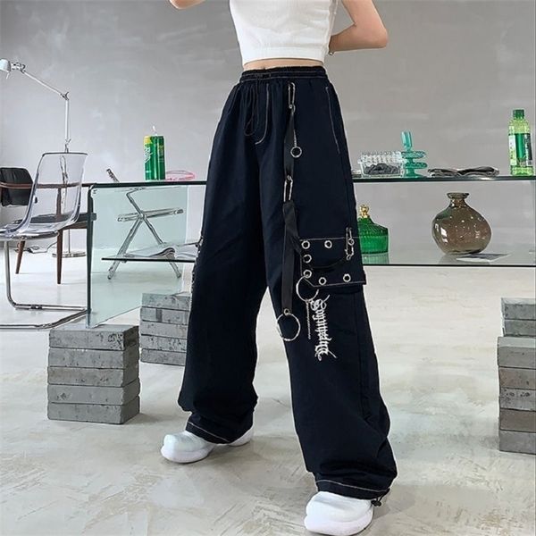 

qweek gothic harajuku black cargo pant chain wide leg goth hippie streetwear white trousers loose female baggy fashion 220311, Black;white