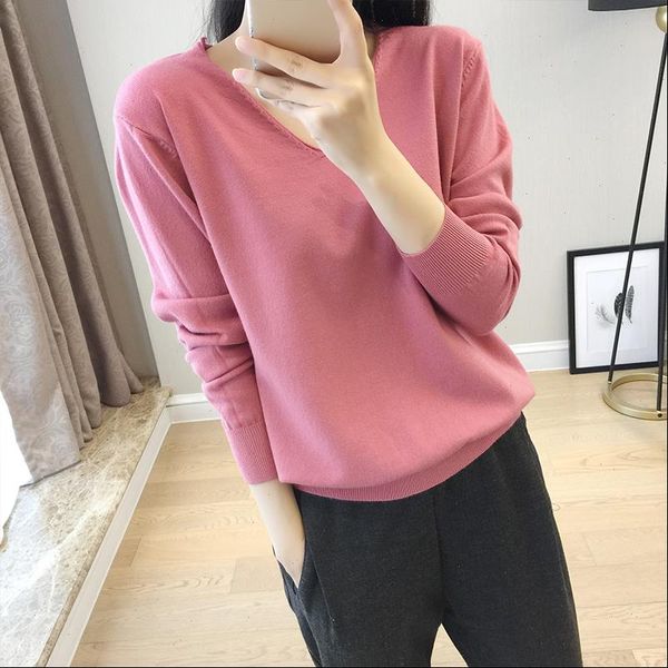 

spring fall new sweater women inside loose pullover long sleeve v neck knit bottoming shirt drop shipping, White;black
