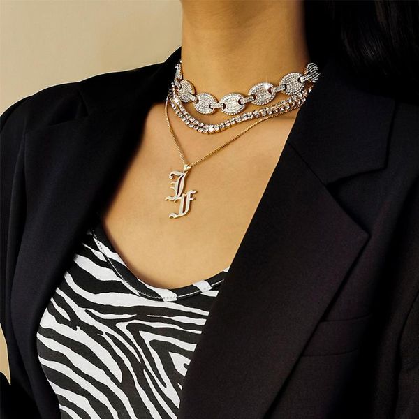 

chains 2021 fashion luxury crystal cuban clasp tennis chain necklaces choker neck punk letter pendant necklace women jewelry gift, Silver